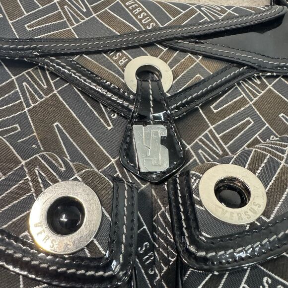 VTG Versace Versus Purse Black Monogram Canvas Patent Leather Accents 11x9 Y2K - Picture 7 of 12